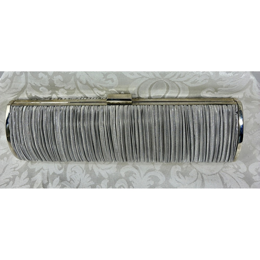 Lulu Townsend Silver Pleated Satin Evening Clutch Bag with Chain Strap